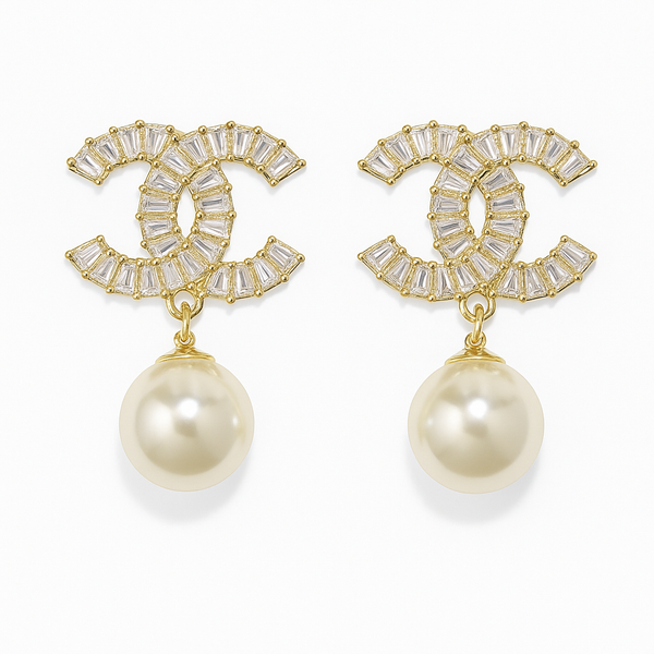 Chanel baguette gold pearl dropped earrings